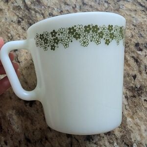 3 Cups Floral Green and White Mugs Pyrex